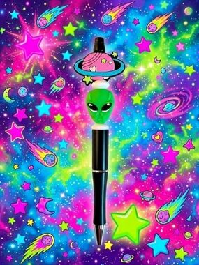 Cosmic Alien Space Babe Galactic Stars Pink Planet Handcrafted Beadable Pen